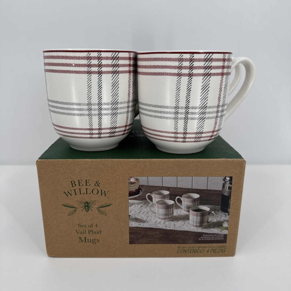 Bee & Willow Set Of 4 Vail Plaid Mugs Red, Black, White New